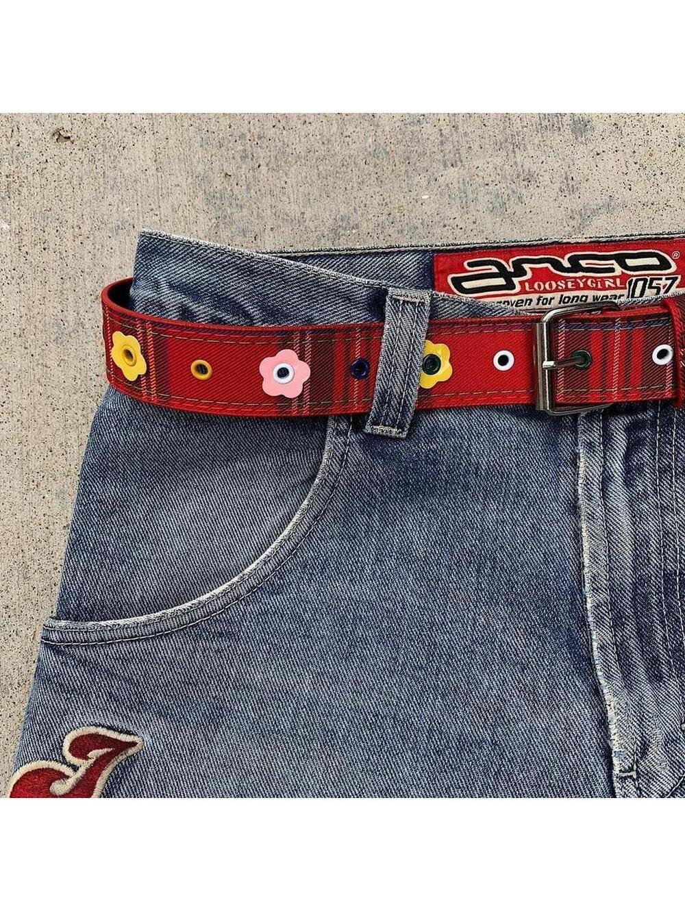 Colorful Plaid and Flower belt. Y2k style. 40 inches length - Picture 7 of 8